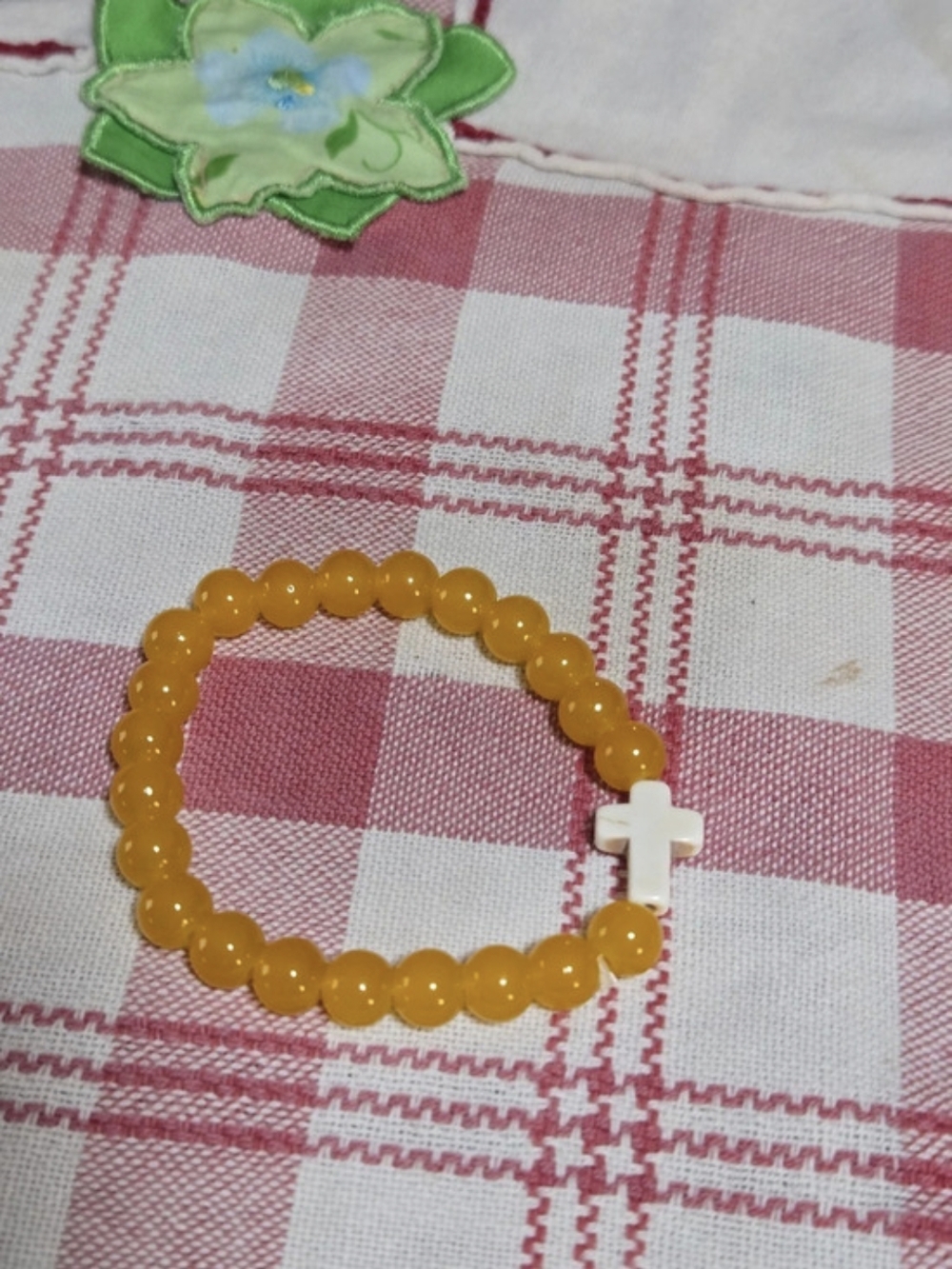 Glass Beaded Cross Bracelet in Mustard & White Like New